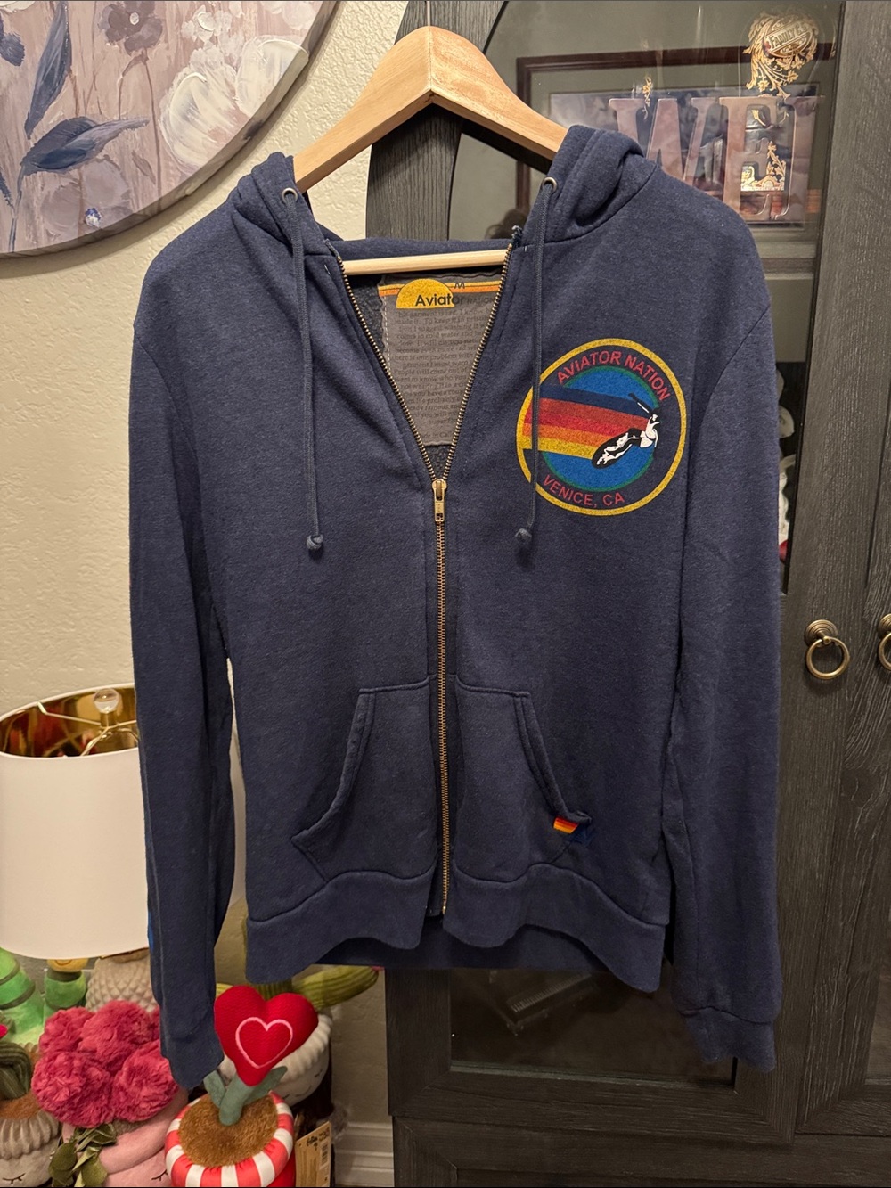 Aviator Nation Navy Zip Hoodie with Rainbow Logo Patch